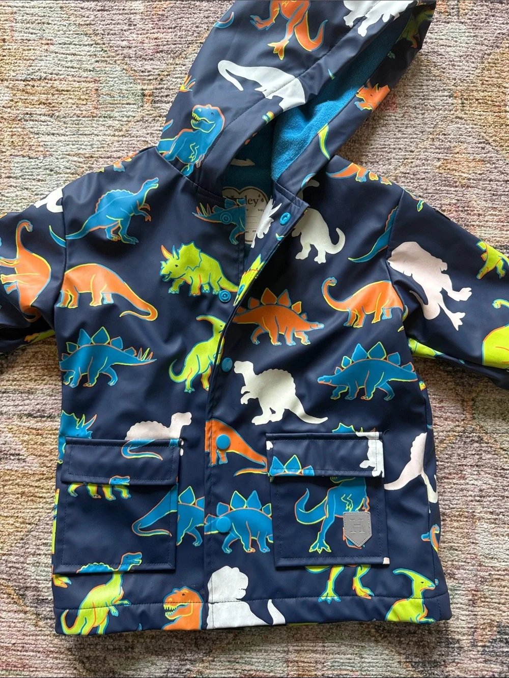 Kids Navy Dino Rain Jacket with Hood